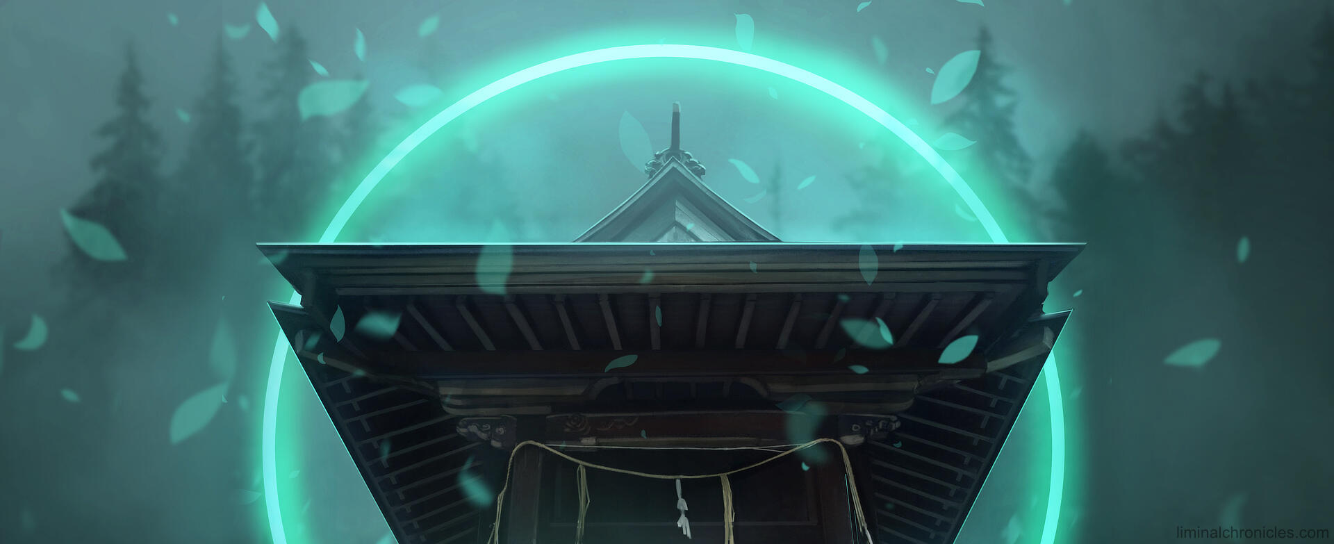 The top of a shrine with a portal glowing behind it. A forest is in the background.